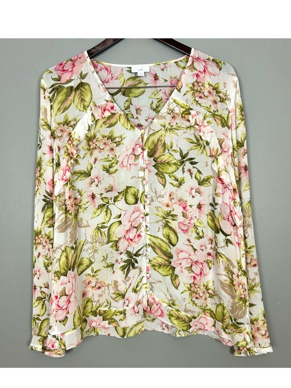 J. Jill Ruffled Floral Blouse Women’s Size L Button Front Lightweight Romantic